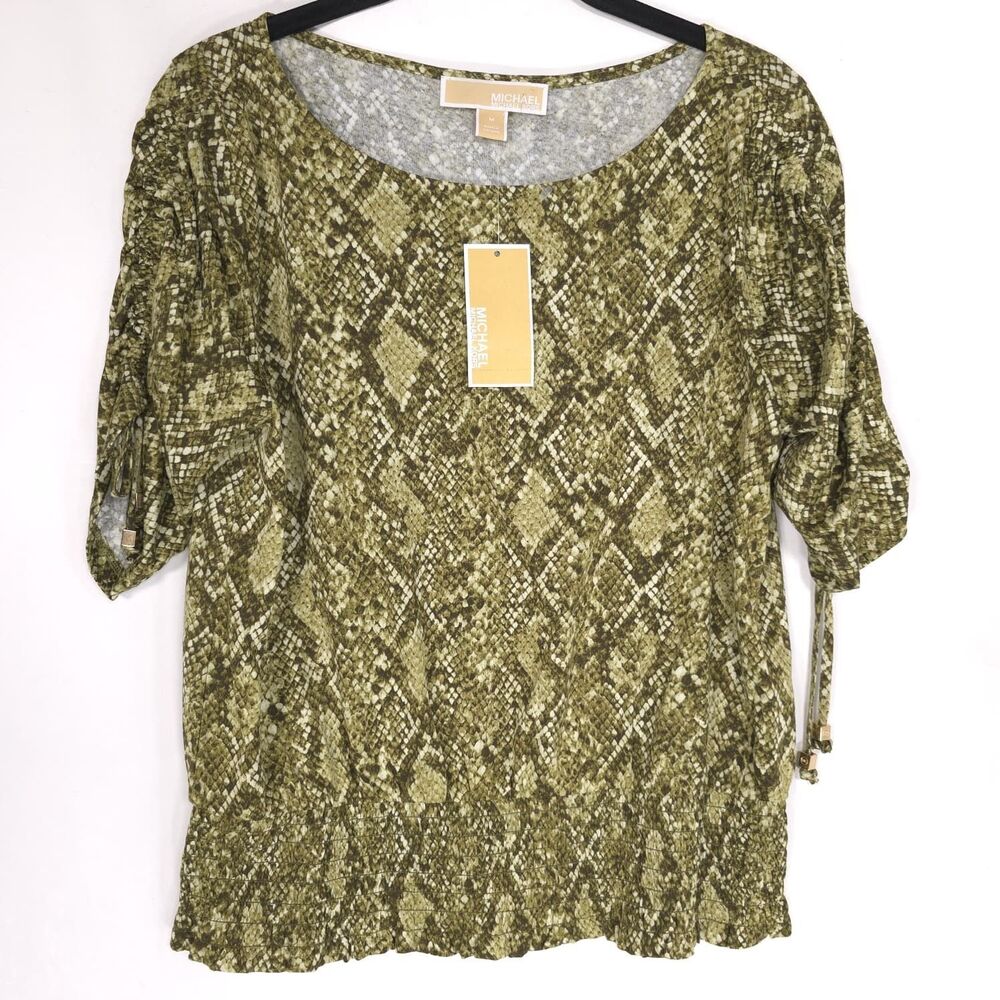 MICHAEL KORS Womens New Top Blouse MEDIUM Snake Print Smoky Olive QS551L0JM8